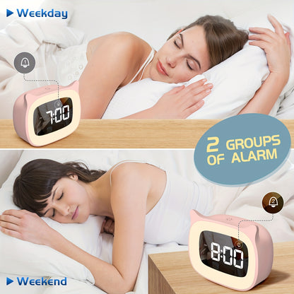 1pc Cute Cat Ear Alarm Clock - Rechargeable Digital Clock with Night Light, 18 Ringtones, and Pink Color for Teens' Bedroom