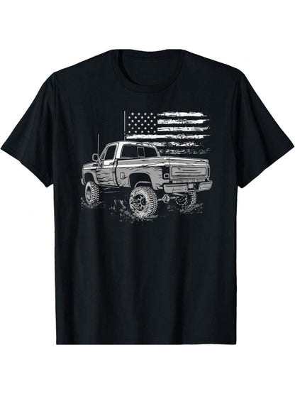 Men's Vintage Pickup Truck T-Shirt - Classic American Flag Design, Comfortable Cotton, Casual Round Neck Tee, Machine Washable