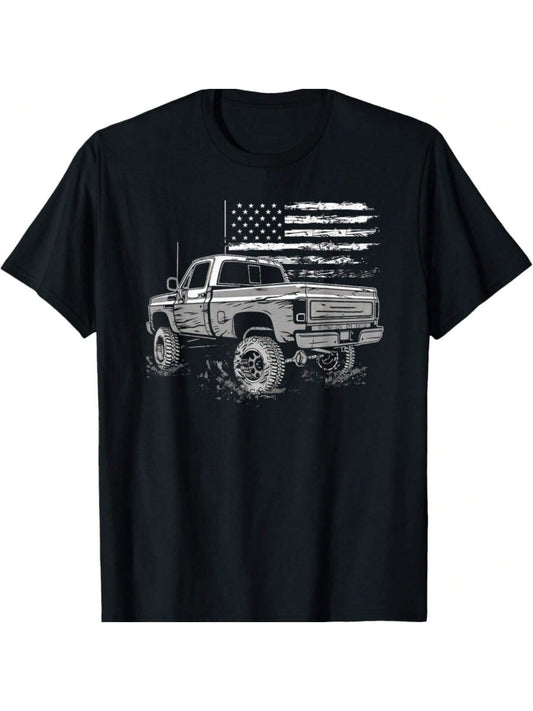 Men's Vintage Pickup Truck T-Shirt - Classic American Flag Design, Comfortable Cotton, Casual Round Neck Tee, Machine Washable