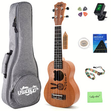 Load image into Gallery viewer, Amdini 21 inch Soprano Ukulele Sapele Small Hawaiian Guitar Set with Case Strap Tuner Picks Nylon Strings Primary Tutorial
