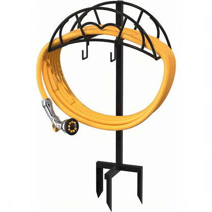 Heavy Duty Freestanding Garden Hose Holder - 1pc Upgraded Metal Hose Stand with 4 Spikes - Detachable Garden Hose Storage Hose Reel Rack, Black