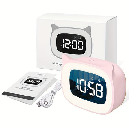 1pc Cute Cat Ear Alarm Clock - Rechargeable Digital Clock with Night Light, 18 Ringtones, and Pink Color for Teens' Bedroom
