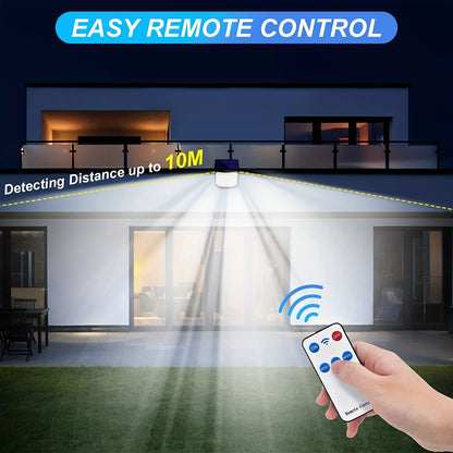 118 LED Solar Motion Sensor Floodlight with Remote Control - Outdoor Security Lighting for Patio, Garage, Porch, Yard - 16.5ft Cable,, 1800mAh Battery, Wall-Mounted Design, Yard Floodlight | Sleek Rectangular Design | LED Arr