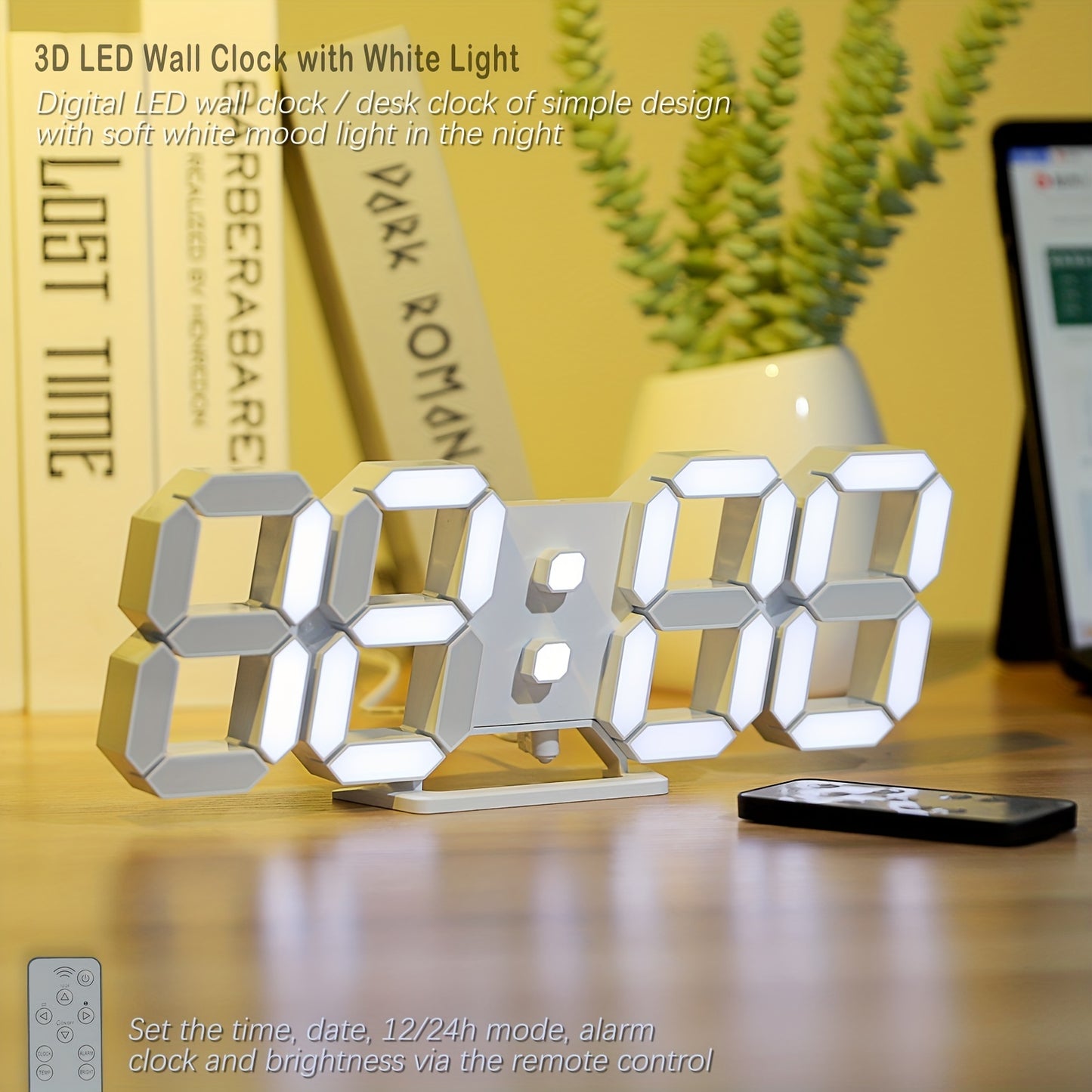 KOMUGI 9.7" Digital LED Wall Clock with Remote Control - USB Powered, Auto Dimmable, Alarm, Large Display for Bedroom & Living Room, Living Room Decor | Cubeshaped Design | Durable LED Numerals, Clock for Living Room