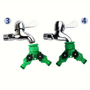 2Pcs 2-Way Plastic Garden Hose Y Connector With On/ Off Valves, 1/ 2" & 3/ 4" Female Thread Tap Adapter, Quick Joint Kit, Water Splitter Accessory, Green