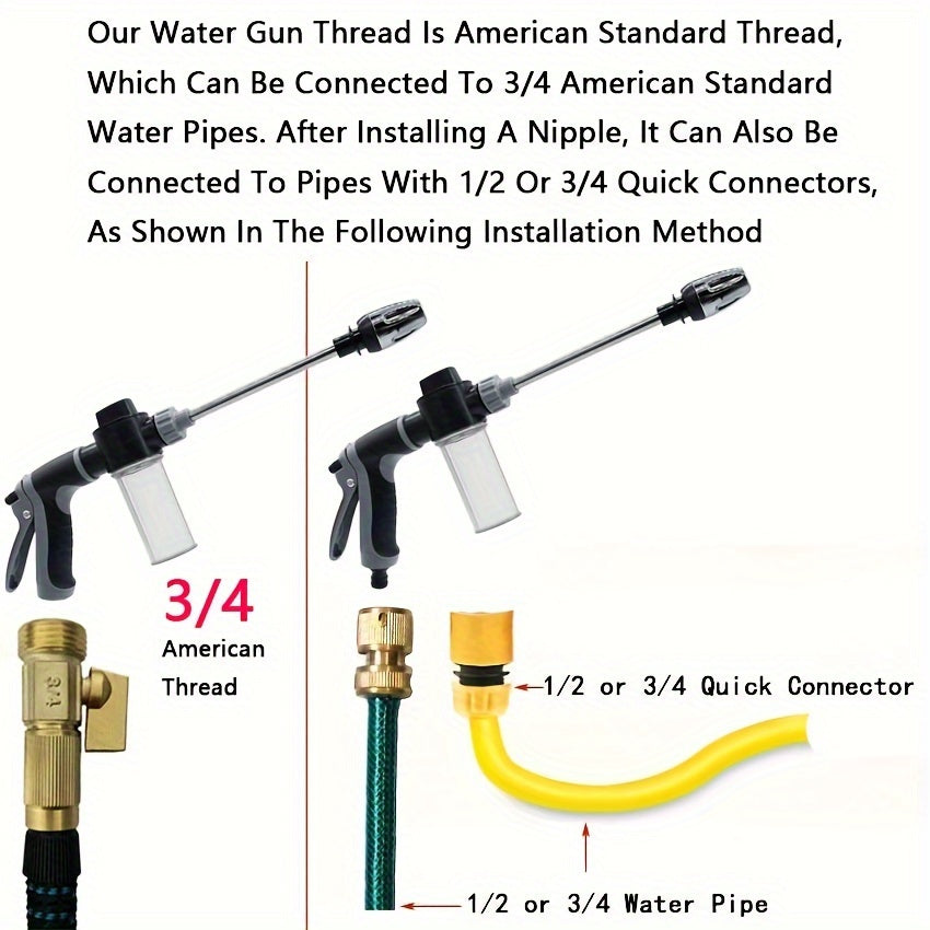 [High-Pressure Water Gun] High-Pressure Quick Connect Adapters Car Washing Water Gun | Universal 3/4 & 1/2 Inch Multi-Purpose Garden Hose Nozzle with Foam Tank - Compact & Adjustable for Cars, Gardens, Pets & Outdoor Cleaning