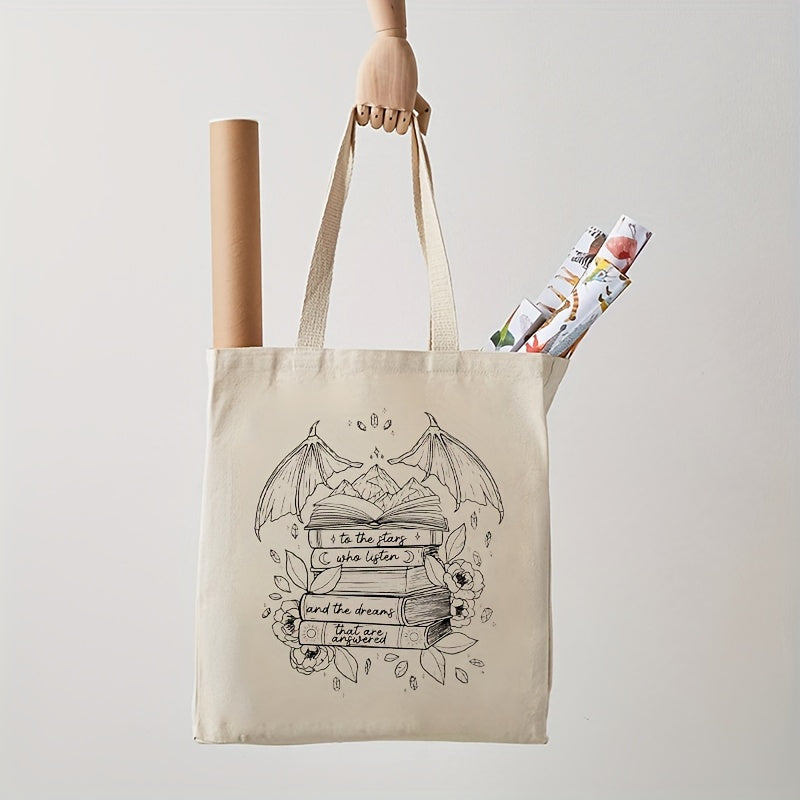 Canvas Tote Bag with Books and Wings Pattern, Machine Washable, No-Closure Shoulder Bag for School, Shopping, and Groceries