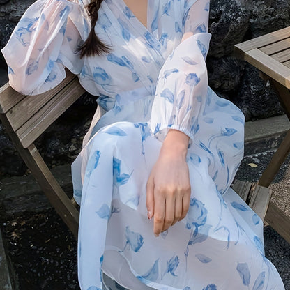 V-Neck Floral Print Chiffon Dress - Slim Waist, Long Sleeve, Elegant & Flowy - Fashion-Forward Womens Clothing for Any Season