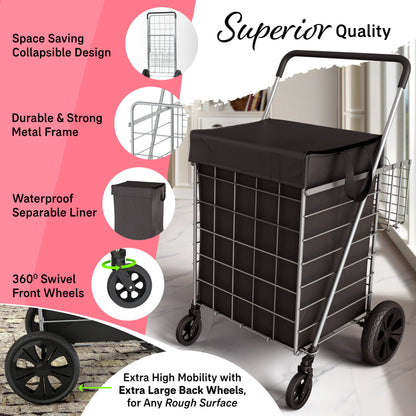 Extra Large Shopping Cart w/ 360 Swivel Wheels & Waterproof Basket Liner for Groceries, Shopping Laundry - Foldable Collapsible & Lightweight - Extra Large Heavy Duty Utility Cart