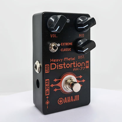 AHAIJI AH-77u High-Gain Distortion Pedal - Heavy Metal Guitar Effects, Black Aluminum Alloy, True Bypass, 3 Control Knobs (Volume, Distortion, Mid), 2-Way Extreme/Classic Selector for Switch, LED Indicator, for High-Quality S