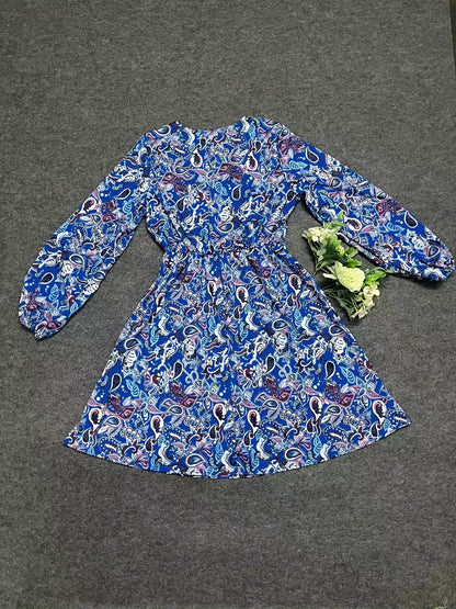 Chic Paisley Print Drawstring Dress - Alluring Surplice Neckline & Adjustable Long Sleeves - Figure-Flattering Womens Clothing for Versatile Style