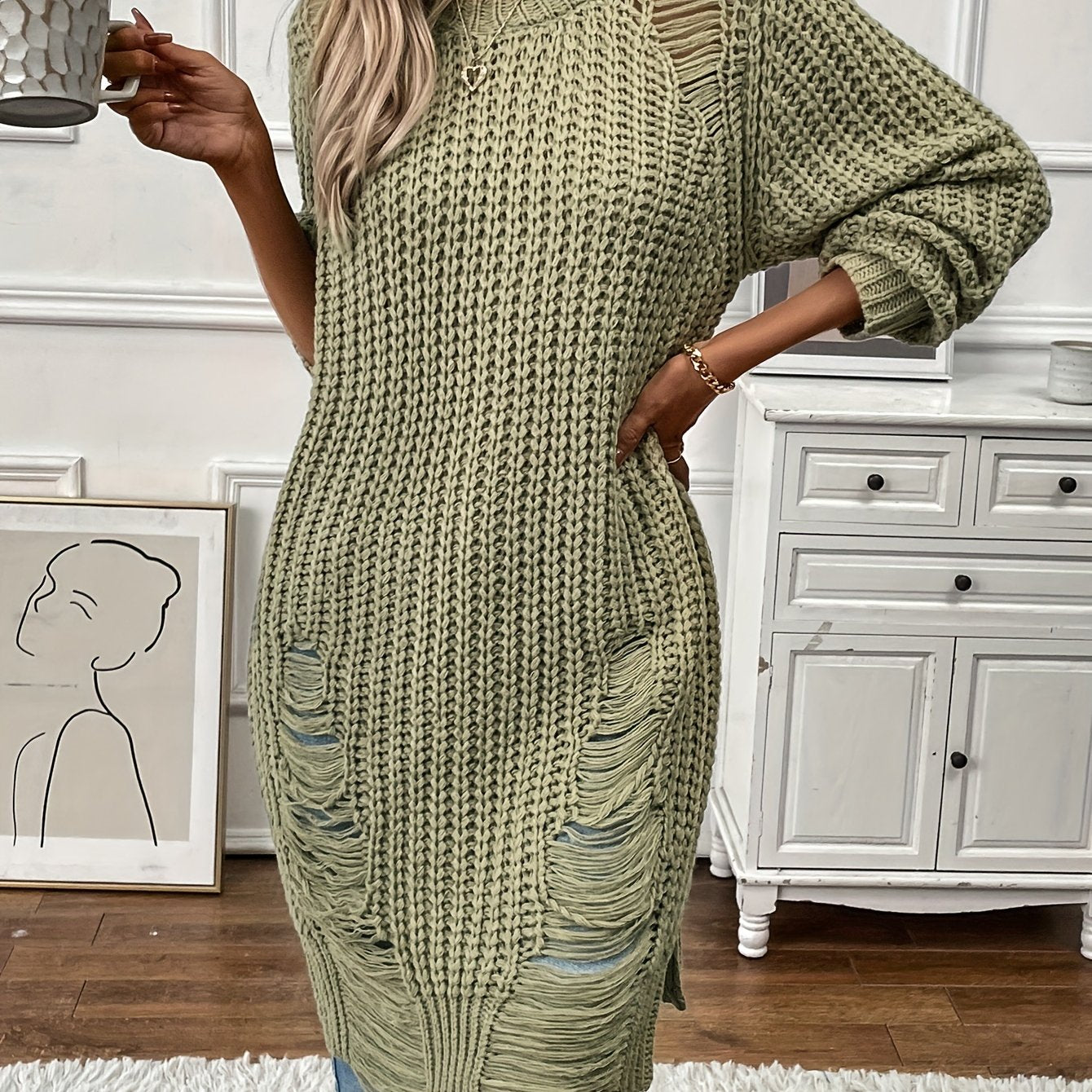 Solid Crew Neck Ripped Split Pullover Sweater - Soft Micro Elastic Acrylic Knit Fabric, Sexy Long Sleeve Design, Hand Washable, Perfect for Fall & Winter Seasons - Womens Clothing