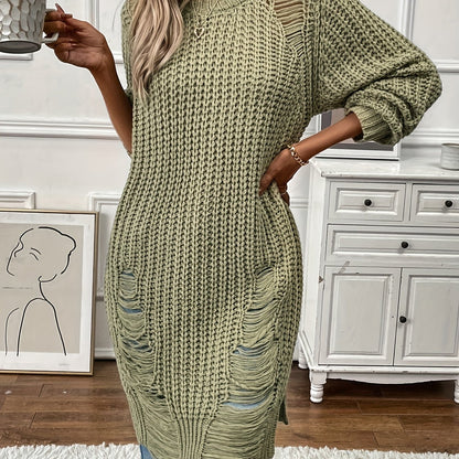 Solid Crew Neck Ripped Split Pullover Sweater - Soft Micro Elastic Acrylic Knit Fabric, Sexy Long Sleeve Design, Hand Washable, Perfect for Fall & Winter Seasons - Womens Clothing