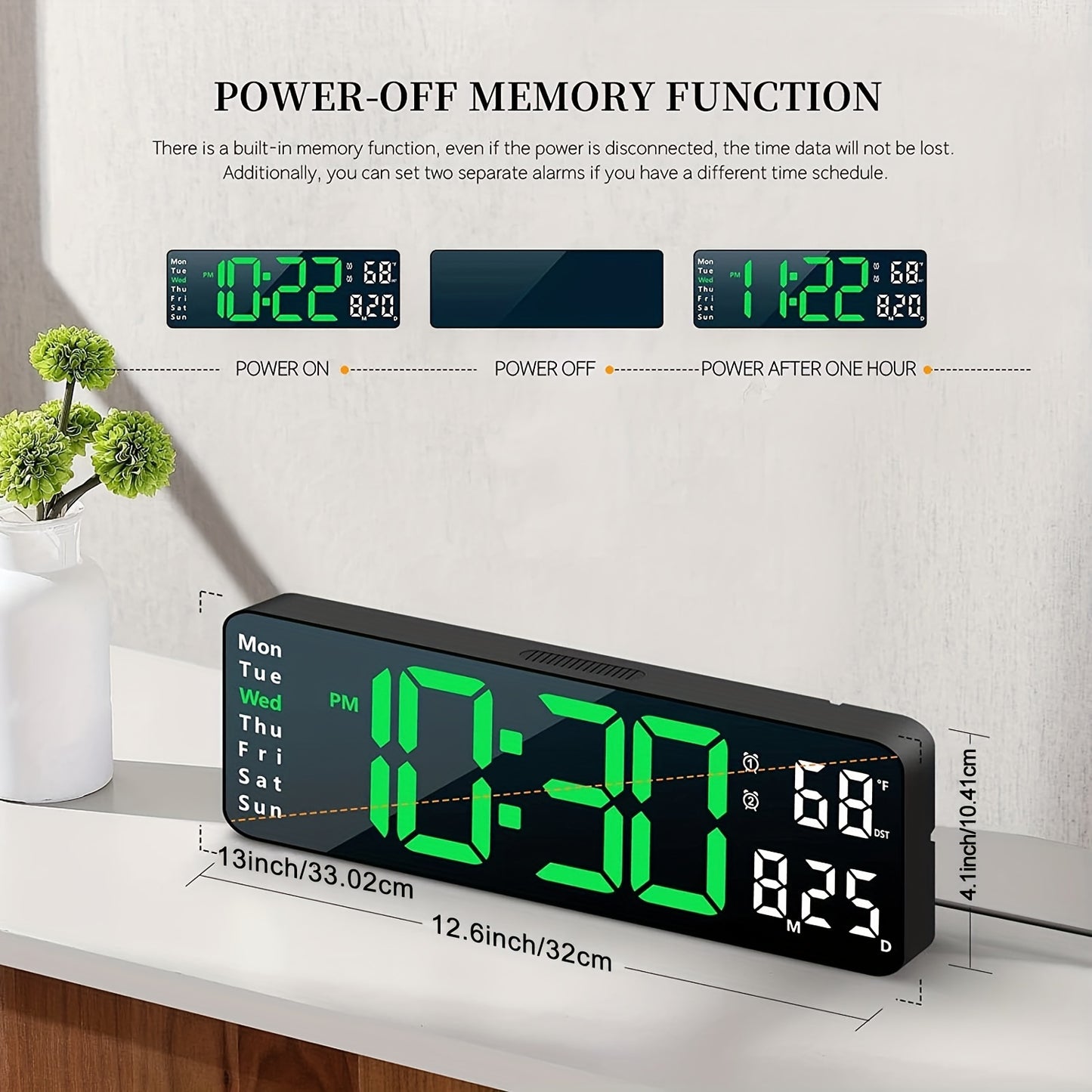 Large Screen Digital Wall Clock With Indoor Temperature Date Week Display, Desk Countdown Digital Timer, 13 Inch Nordic Simple Living Room 10-level Brightness Adjustment Auto Light Led Dual Alarm Clock With Remote Control (Bu