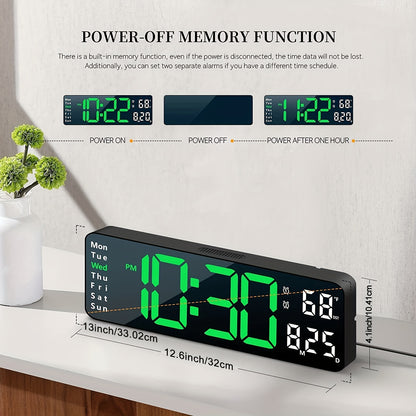 Large Screen Digital Wall Clock With Indoor Temperature Date Week Display, Desk Countdown Digital Timer, 13 Inch Nordic Simple Living Room 10-level Brightness Adjustment Auto Light Led Dual Alarm Clock With Remote Control (Bu