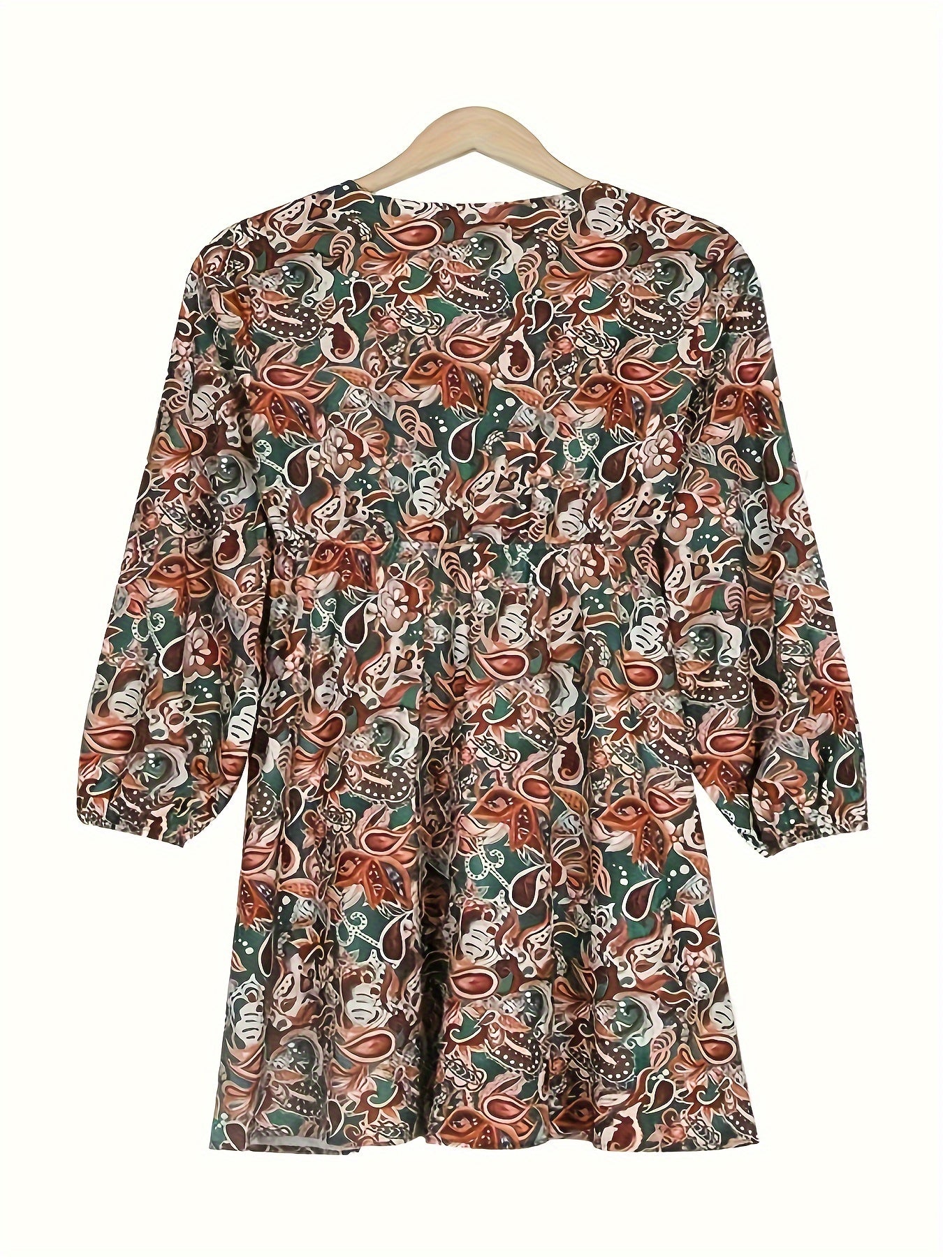 Chic Paisley Print Drawstring Dress - Alluring Surplice Neckline & Adjustable Long Sleeves - Figure-Flattering Womens Clothing for Versatile Style