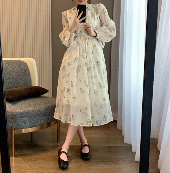 V-Neck Floral Print Chiffon Dress - Slim Waist, Long Sleeve, Elegant & Flowy - Fashion-Forward Womens Clothing for Any Season