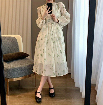 V-Neck Floral Print Chiffon Dress - Slim Waist, Long Sleeve, Elegant & Flowy - Fashion-Forward Womens Clothing for Any Season