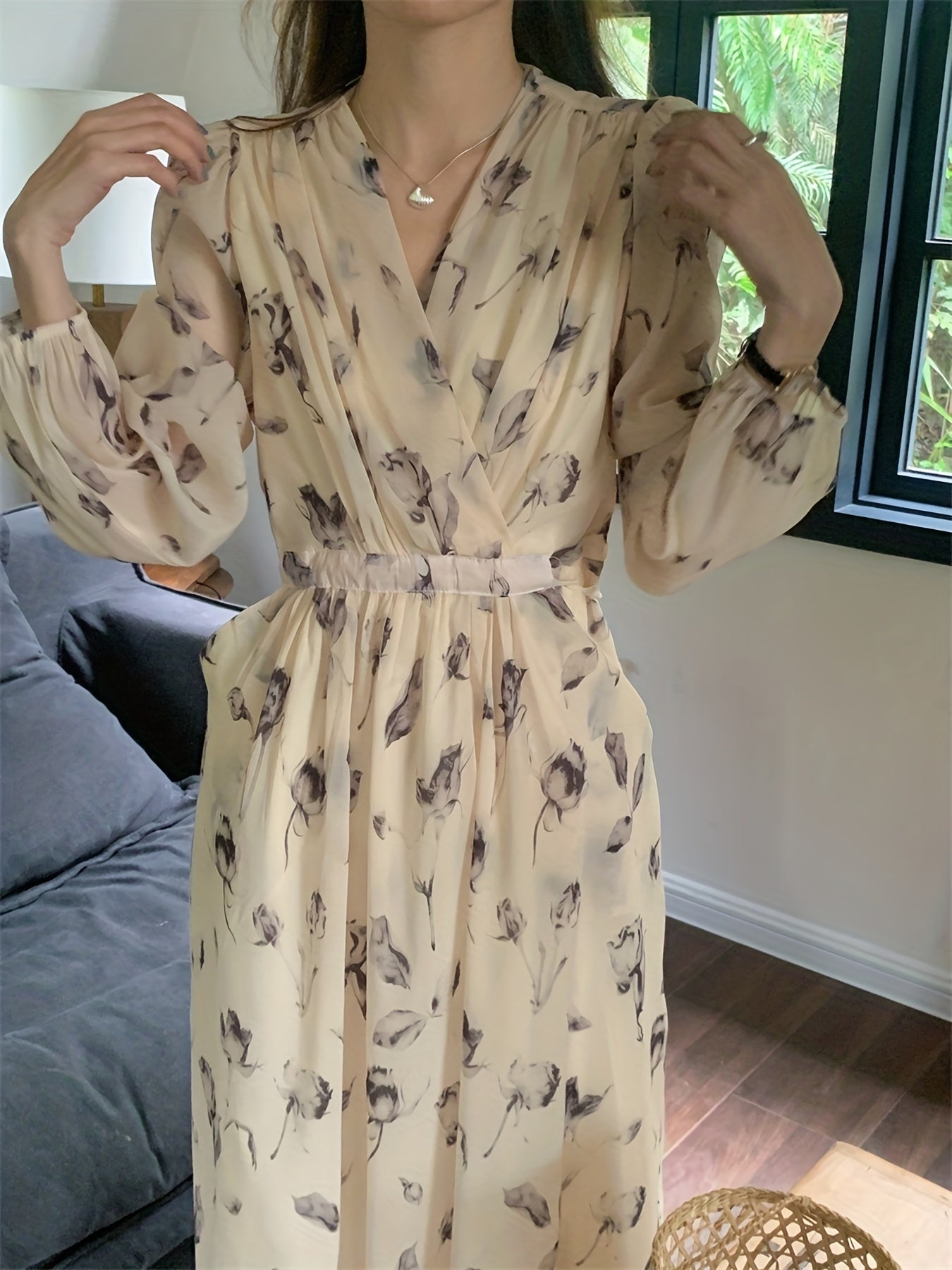 V-Neck Floral Print Chiffon Dress - Slim Waist, Long Sleeve, Elegant & Flowy - Fashion-Forward Womens Clothing for Any Season