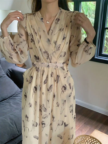 V-Neck Floral Print Chiffon Dress - Slim Waist, Long Sleeve, Elegant & Flowy - Fashion-Forward Womens Clothing for Any Season