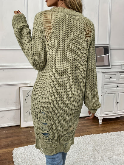 Solid Crew Neck Ripped Split Pullover Sweater - Soft Micro Elastic Acrylic Knit Fabric, Sexy Long Sleeve Design, Hand Washable, Perfect for Fall & Winter Seasons - Womens Clothing