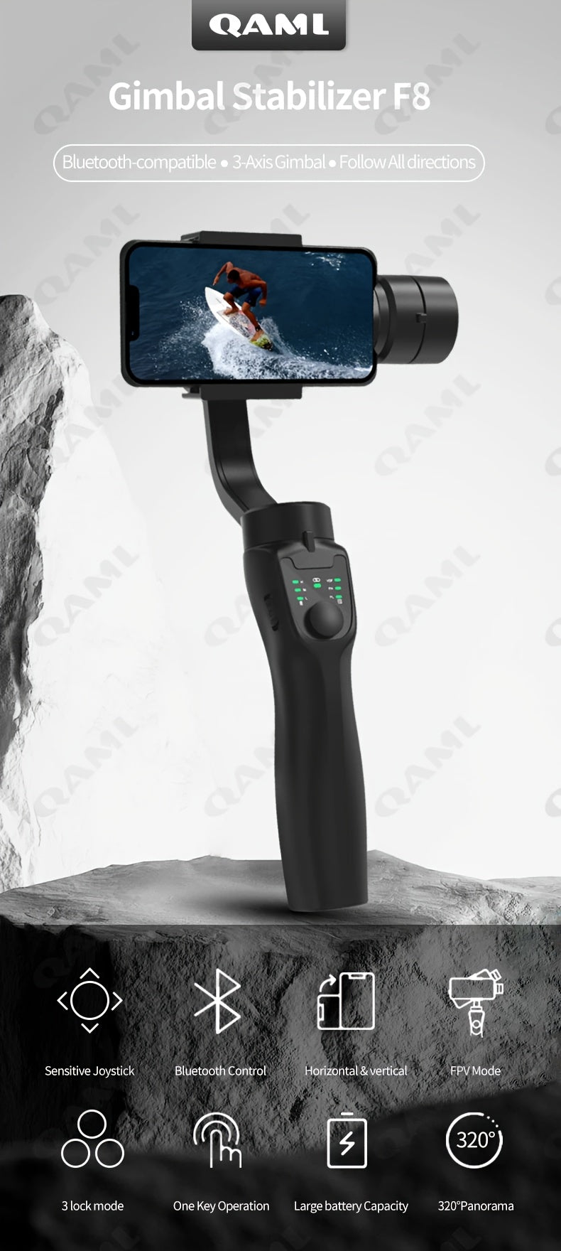 QAML F8 Handheld 3-Axis Gimbal Phone Holder Anti Shake Video Record Stabilizer for Xiaomi iPhone Cellphone Smartphone