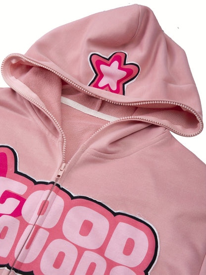 Trendy Womens Letter Print Hoodie - Full Zipper, Long Sleeve Casual Sweatshirt with Comfortable Pockets - Relaxed Fit, Soft & Stylish Womens Clothing