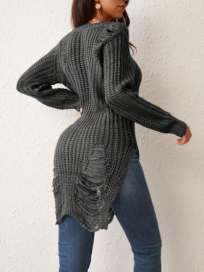 Solid Crew Neck Ripped Split Pullover Sweater - Soft Micro Elastic Acrylic Knit Fabric, Sexy Long Sleeve Design, Hand Washable, Perfect for Fall & Winter Seasons - Womens Clothing
