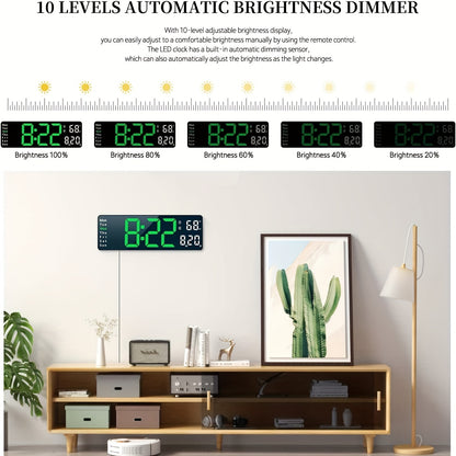 Large Screen Digital Wall Clock With Indoor Temperature Date Week Display, Desk Countdown Digital Timer, 13 Inch Nordic Simple Living Room 10-level Brightness Adjustment Auto Light Led Dual Alarm Clock With Remote Control (Bu
