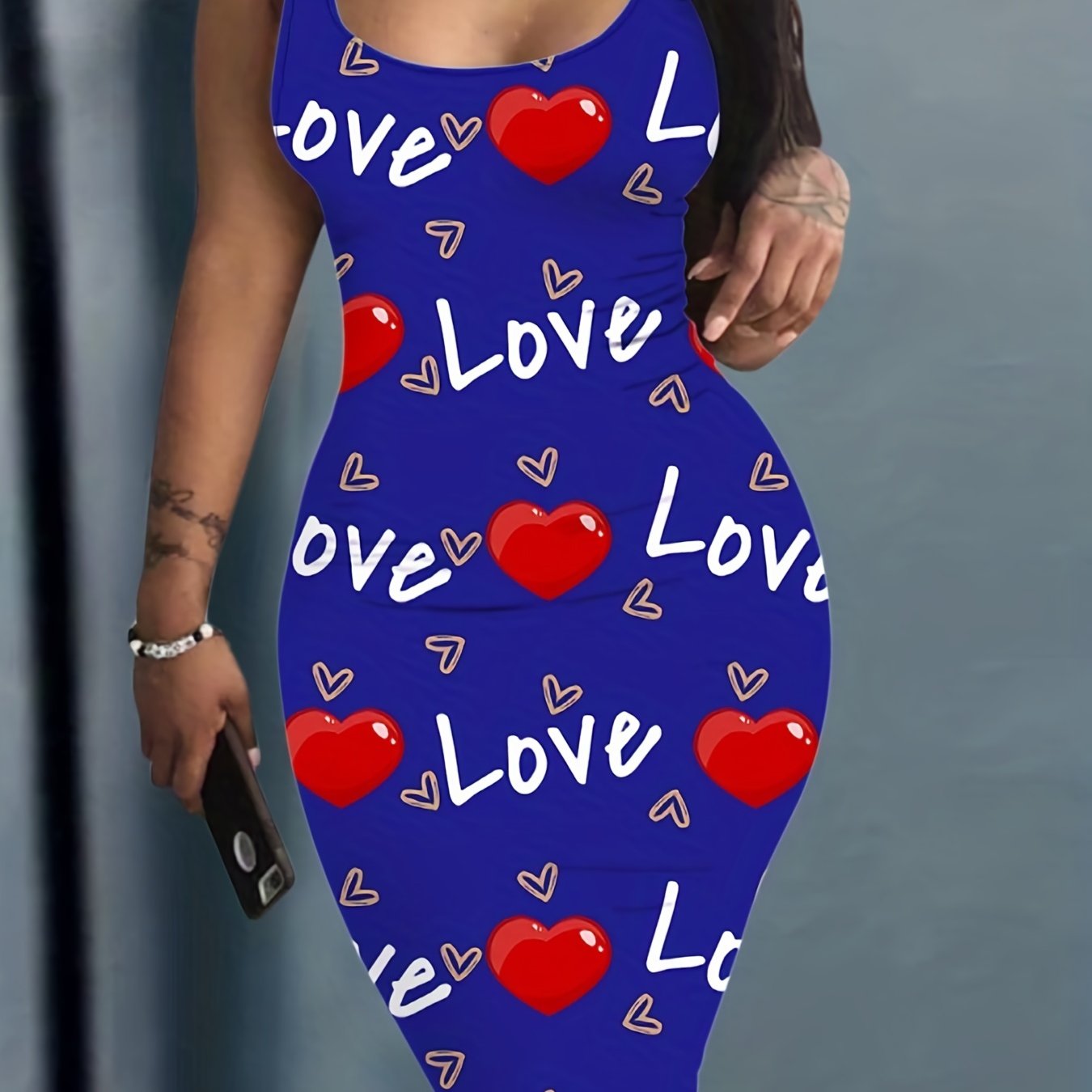 Heart & Letter Printed Tank Dress - Casual Sleeveless U Neck Design - Slim Fit & Flattering - Ideal Summer Womens Clothing