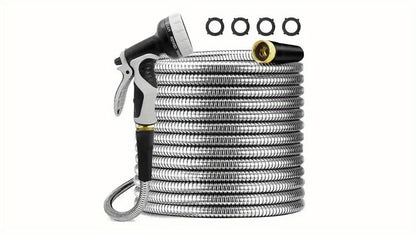 50ft Garden Hose Metal, Stainless Steel Water Hose Heavy Duty, with 10 Function Nozzle, 3/4" Universal Connectors, Flexible, Leak-Proof, Garden Hoses for Yard/Outdoors