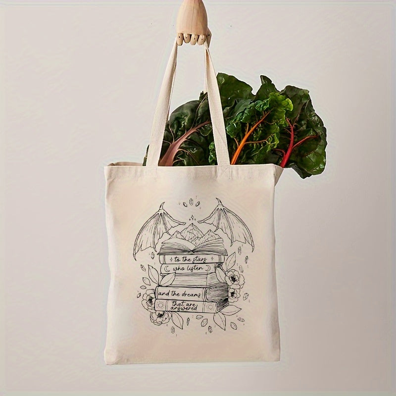 Canvas Tote Bag with Books and Wings Pattern, Machine Washable, No-Closure Shoulder Bag for School, Shopping, and Groceries