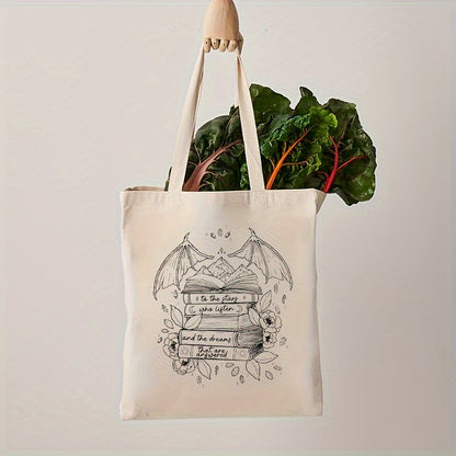 Canvas Tote Bag with Books and Wings Pattern, Machine Washable, No-Closure Shoulder Bag for School, Shopping, and Groceries
