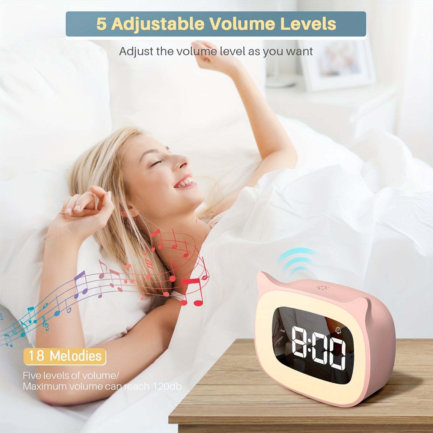 1pc Cute Cat Ear Alarm Clock - Rechargeable Digital Clock with Night Light, 18 Ringtones, and Pink Color for Teens' Bedroom