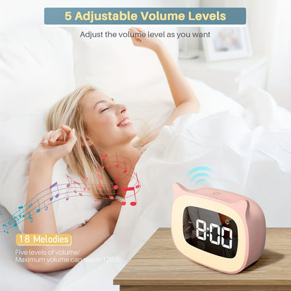 1pc Cute Cat Ear Alarm Clock - Rechargeable Digital Clock with Night Light, 18 Ringtones, and Pink Color for Teens' Bedroom