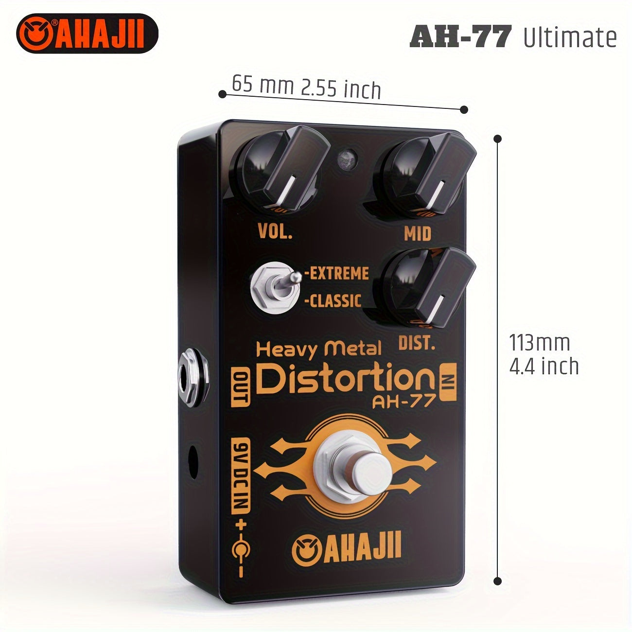 AHAIJI AH-77u High-Gain Distortion Pedal - Heavy Metal Guitar Effects, Black Aluminum Alloy, True Bypass, 3 Control Knobs (Volume, Distortion, Mid), 2-Way Extreme/Classic Selector for Switch, LED Indicator, for High-Quality S
