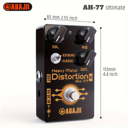 AHAIJI AH-77u High-Gain Distortion Pedal - Heavy Metal Guitar Effects, Black Aluminum Alloy, True Bypass, 3 Control Knobs (Volume, Distortion, Mid), 2-Way Extreme/Classic Selector for Switch, LED Indicator, for High-Quality S
