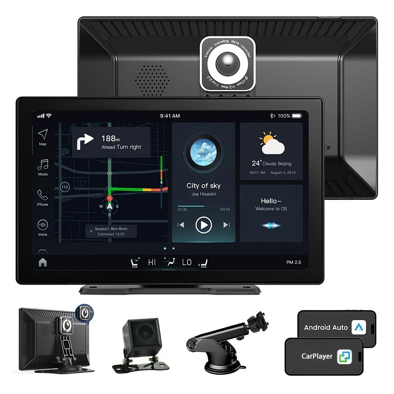 9 Inch Portable Car Stereo, Wireless Car Touch Screen Android Auto With 2.5K Dash Cam, 1080P Backup Camera, Car Audio Receiver With Mirror Link/GPS Navigation/FM