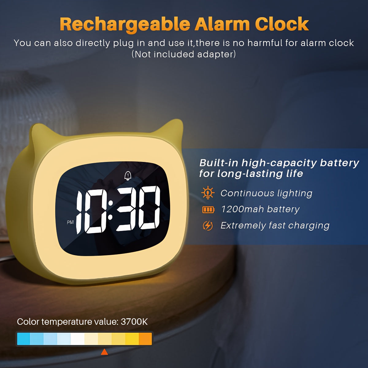 1pc Cute Cat Ear Alarm Clock - Rechargeable Digital Clock with Night Light, 18 Ringtones, and Pink Color for Teens' Bedroom