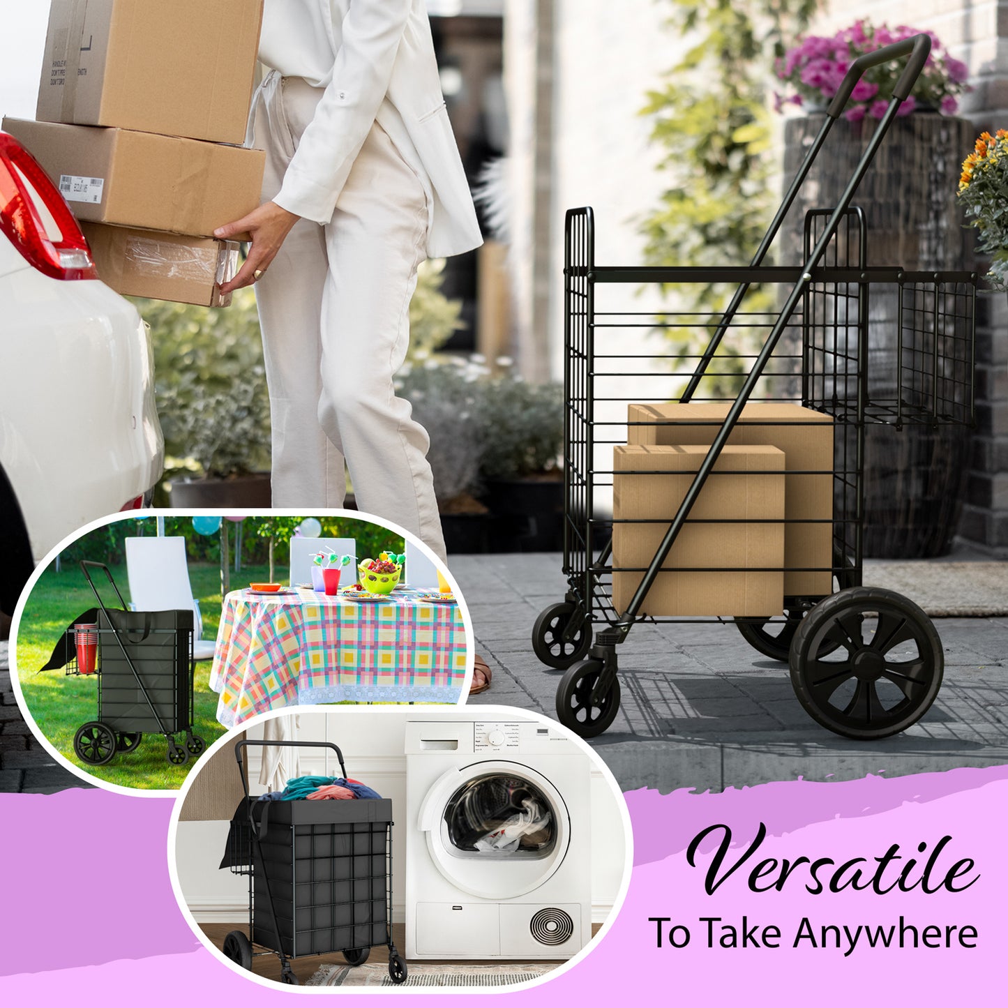 Extra Large Shopping Cart w/ 360 Swivel Wheels & Waterproof Basket Liner for Groceries, Shopping Laundry - Foldable Collapsible & Lightweight - Extra Large Heavy Duty Utility Cart