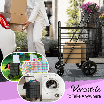 Extra Large Shopping Cart w/ 360 Swivel Wheels & Waterproof Basket Liner for Groceries, Shopping Laundry - Foldable Collapsible & Lightweight - Extra Large Heavy Duty Utility Cart