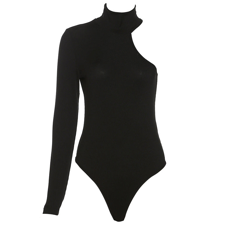 Chic Asymmetric One Shoulder Ribbed Knit Bodysuit - Long Sleeve, Sexy Style for Fall Winter - Form-Fitting, Versatile One Piece Womens Clothing