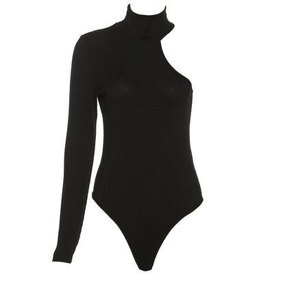 Chic Asymmetric One Shoulder Ribbed Knit Bodysuit - Long Sleeve, Sexy Style for Fall Winter - Form-Fitting, Versatile One Piece Womens Clothing