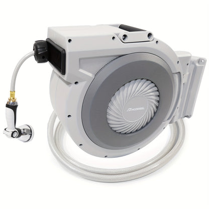 [105FT Retractable Garden Hose Reel] 105 FT X 1/2" Retractable Garden Hose Reel By HOZEREEL, Heavy Duty Outdoor Garden Hose Reels - Automatic Self Retract Wall Mount Hose Reel Enclosed Storage, Any Length Lock, 10 Pattern Noz