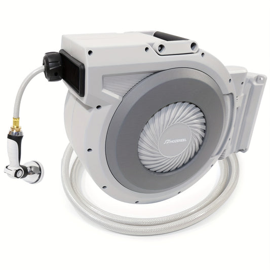 [105FT Retractable Garden Hose Reel] 105 FT X 1/2" Retractable Garden Hose Reel By HOZEREEL, Heavy Duty Outdoor Garden Hose Reels - Automatic Self Retract Wall Mount Hose Reel Enclosed Storage, Any Length Lock, 10 Pattern Noz