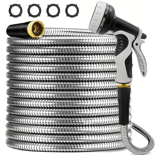 50ft Garden Hose Metal, Stainless Steel Water Hose Heavy Duty, with 10 Function Nozzle, 3/4" Universal Connectors, Flexible, Leak-Proof, Garden Hoses for Yard/Outdoors