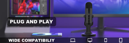 USB Microphone, Condenser Computer PC Mic, Plug&Play Gaming Microphones For PS 4&5.Headphone Output&Volume Control, Mic Gain Control, Mute Button For Vocal, For YouTube Podcast On Mac&WindowsBlack