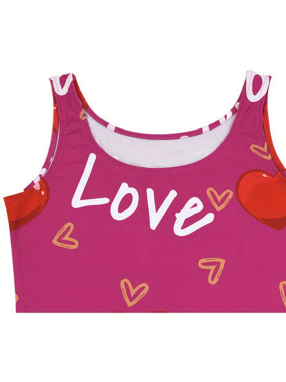 Heart & Letter Printed Tank Dress - Casual Sleeveless U Neck Design - Slim Fit & Flattering - Ideal Summer Womens Clothing
