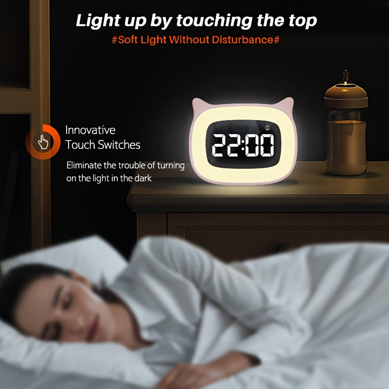 1pc Cute Cat Ear Alarm Clock - Rechargeable Digital Clock with Night Light, 18 Ringtones, and Pink Color for Teens' Bedroom