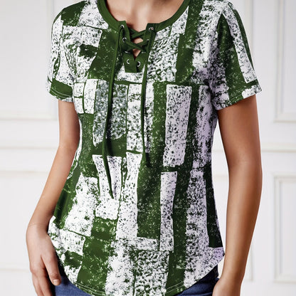 Vibrant Graphic Lace Up V Neck T-shirt - Short Sleeve, Adjustable Closure, Flattering Neckline, Perfect for Casual Summer Wear - Womens Clothing, Graphic Print Design, Ideal for Warm Weather